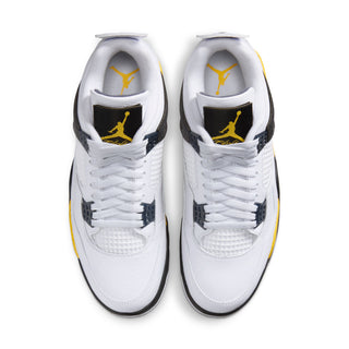 Men's white sneakers, back view, black ankle panels and yellow-accented sole