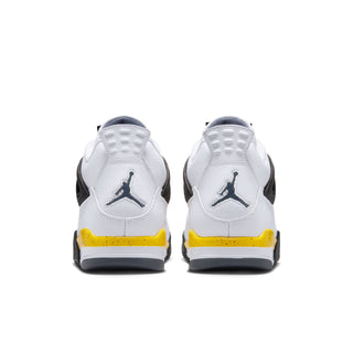 Men's white sneakers, heel view, black collars and yellow midsole band
