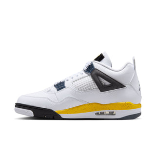 Men's white low-top sneakers with black heel tab, navy eyelets, and yellow midsole