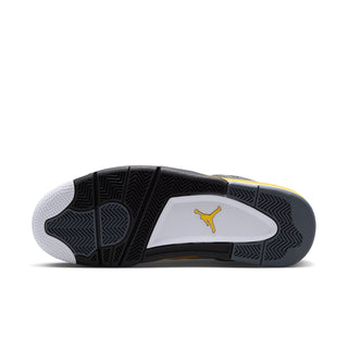 Men's sneaker outsole with traction tread, gray outsole, and yellow edge; Jumpman logo