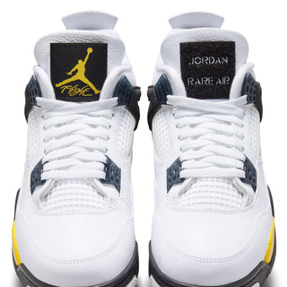 Men's white sneakers with embroidered Jordan logo tags on tongue; blue eyelets