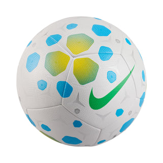 White soccer ball with blue dots, green Nike swoosh, rainbow-style center panels