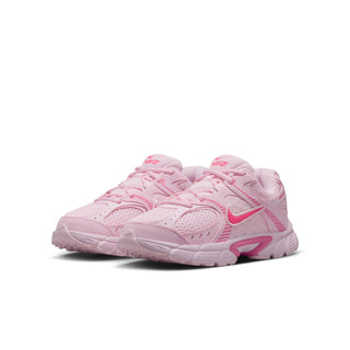 Youth running shoes, light pink upper with bright pink side stripe and chunky sole