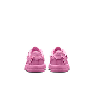Kids' pink low-top lace sneakers, heel and back view with flower details