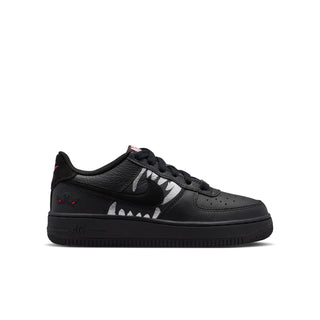 Kids' black Air Force 1 low-top sneaker with white wolf eye and lace overlays