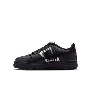 Kids' black Air Force 1 low-top sneaker with white wolf face on side panel