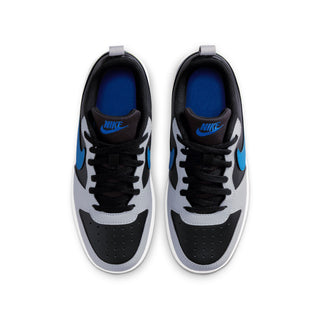 Youth low-top sneakers, front view: black laces with light gray panels and blue lining
