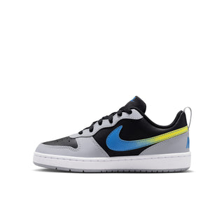 Youth low-top sneakers side view: light gray with black, blue swoosh, and yellow trim