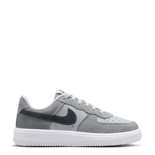 Kids Air Force 1 lace-up sneakers in light and dark smoke gray, side view with swoosh.