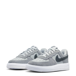 Kids Air Force 1 lace-up sneakers in smoke gray, front angled pair view.