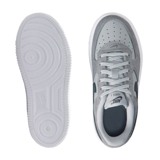Kids Air Force 1 sneakers with white outsole and gray upper, toe and heel shown.