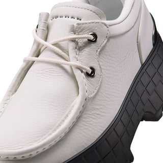 Close-up of light gray leather sneaker upper with eyelets, laces, and stitched details