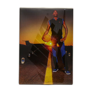 Shoe box packaging with runner artwork and geometric sunset design