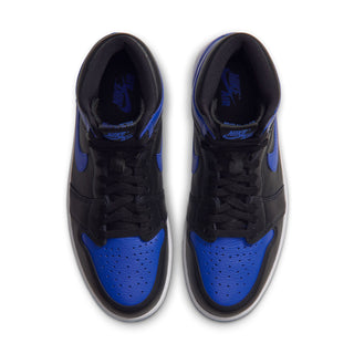Black and royal blue lace-up high-top sneakers with blue perforated toe