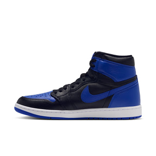Side view of black and royal blue high-top sneakers with blue swoosh