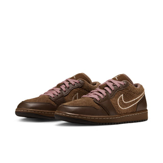 Womens low-top sneakers, side view, dark brown suede with pink lace-up and white swoosh