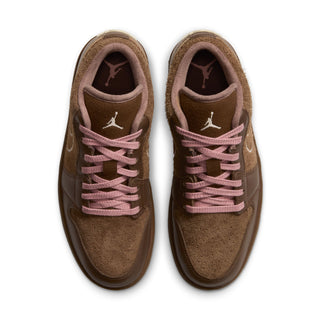 Womens low-top sneakers, front view, brown suede uppers with pink laces and wing logo