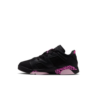 Kids low-top sneakers, black leather with pink laces and leopard side stripe