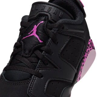 Kids sneaker upper close-up, black leather with pink Jumpman and lace details