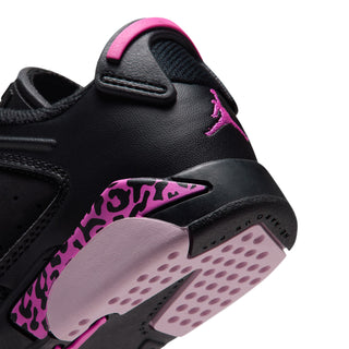 Kids sneaker close-up, black with pink lace eyelets and leopard print trim