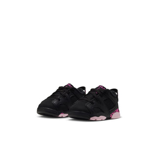 Black toddler low-top sneakers with fuchsia lace tags and pink leopard midsole