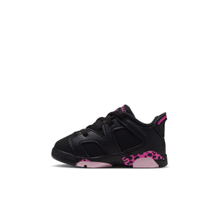 Black toddler low-top sneakers with fuchsia side panel and pink leopard sole