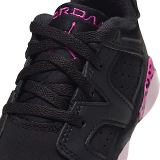 Black toddler low-top sneaker close-up with fuchsia lace detail and stitching