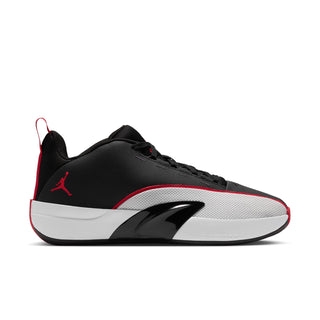 Men's black low-top sneakers with red and white accents, lace-up design