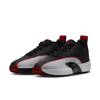 Men's black low-top sneakers, side view, red laces and white midsole