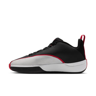 Men's black low-top sneakers, front-left angle with red pull tab