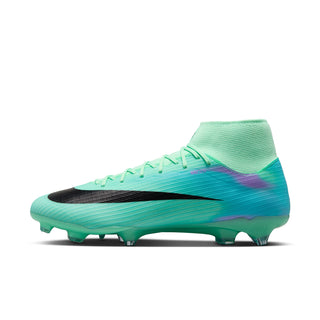 Men's soccer cleat side view, mint-to-teal gradient upper with black swoosh