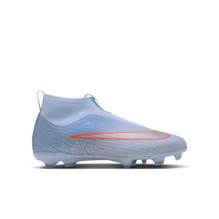 Youth light blue FG/MG football boot with orange Swoosh and molded studs