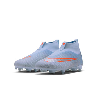 Youth light blue high-top football boot with orange Swoosh and cleat studs