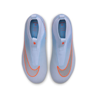 Pair of youth light blue football boots with orange Swoosh and padded openings