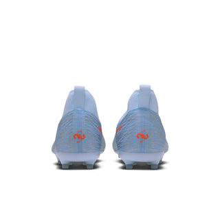 Youth light blue football boots, back view with orange heel logo and cleat studs