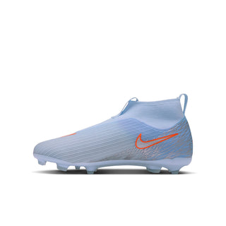 Youth light blue ankle football boot with orange Swoosh and molded FG/MG studs