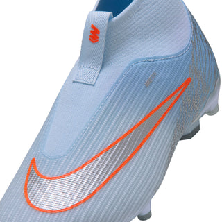 Youth light blue football boot upper with orange Swoosh and textured surface