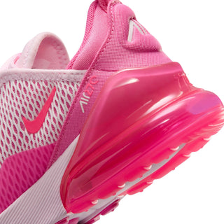Kids' Air Max 270 side close-up with translucent pink Swoosh and glossy air unit