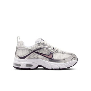 Youth running shoes with white mesh upper, purple Swoosh, and chunky Air-cushioned sole