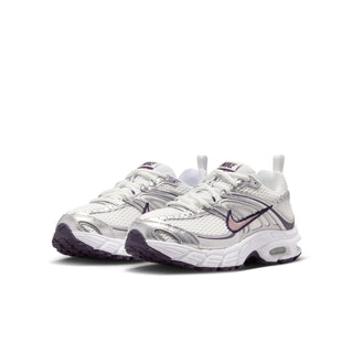 Youth running shoes in white with purple accents, laces, and thick cushioned midsole