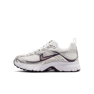Youth white running shoe with textured upper, purple Swoosh, and molded cushioning midsole