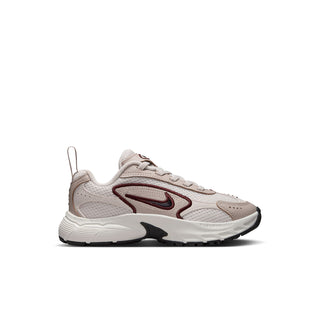 Kids running shoes in light cream with burgundy Nike swoosh and black accents