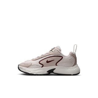 Kids running shoe front quarter view in light cream with burgundy swoosh accents