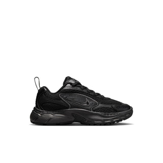 Black kids' running shoe with mesh panels, lace-up front, pull tab and chunky sole