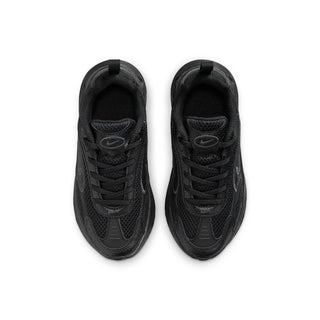 Pair of black kids' running shoes viewed from above, showing laces and mesh toe panels