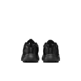 Pair of black kids' running shoes viewed from the heel, with pull tabs and ridged soles