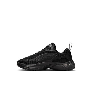 Black kids' running shoe side view with mesh panels, lace-up front and sculpted sole
