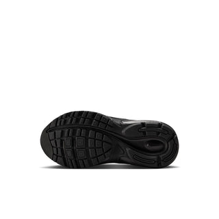 Black kids' running shoe outsole with deep segmented tread