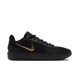Men's black low-top sneakers with gold side logo and lace-up