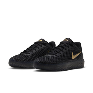 Pair of men's black lace-up sneakers with gold logo on each shoe